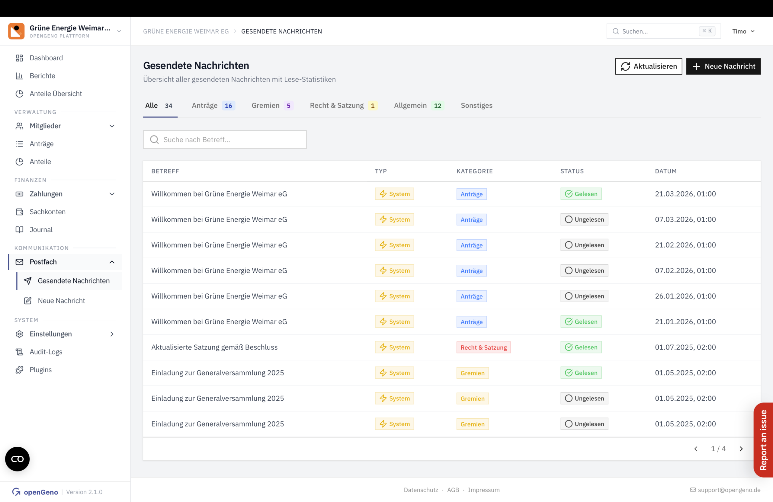 openGeno Backoffice – Gesendete Nachrichten mit Lese-Statistik im Postfach