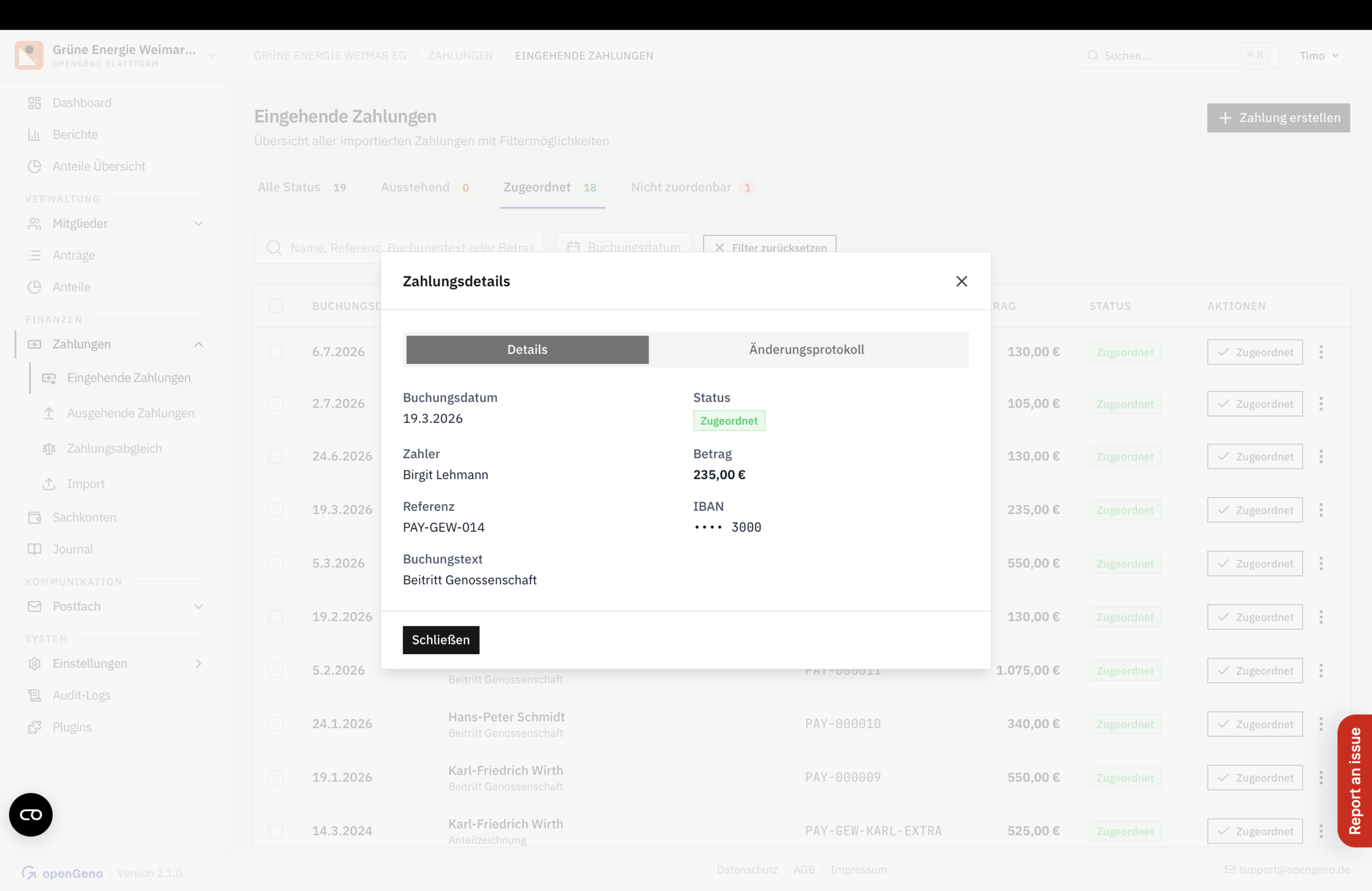 openGeno Backoffice – Zahlungsdetails im automatischen Zahlungsabgleich