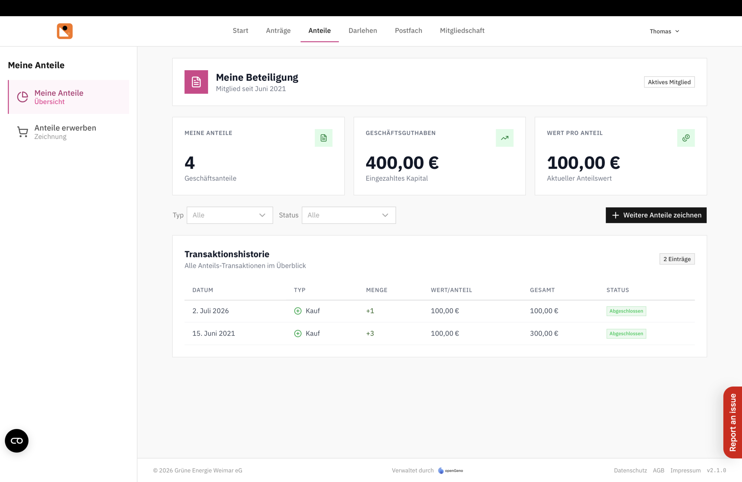 openGeno Mitgliederportal – Anteile und Beteiligung